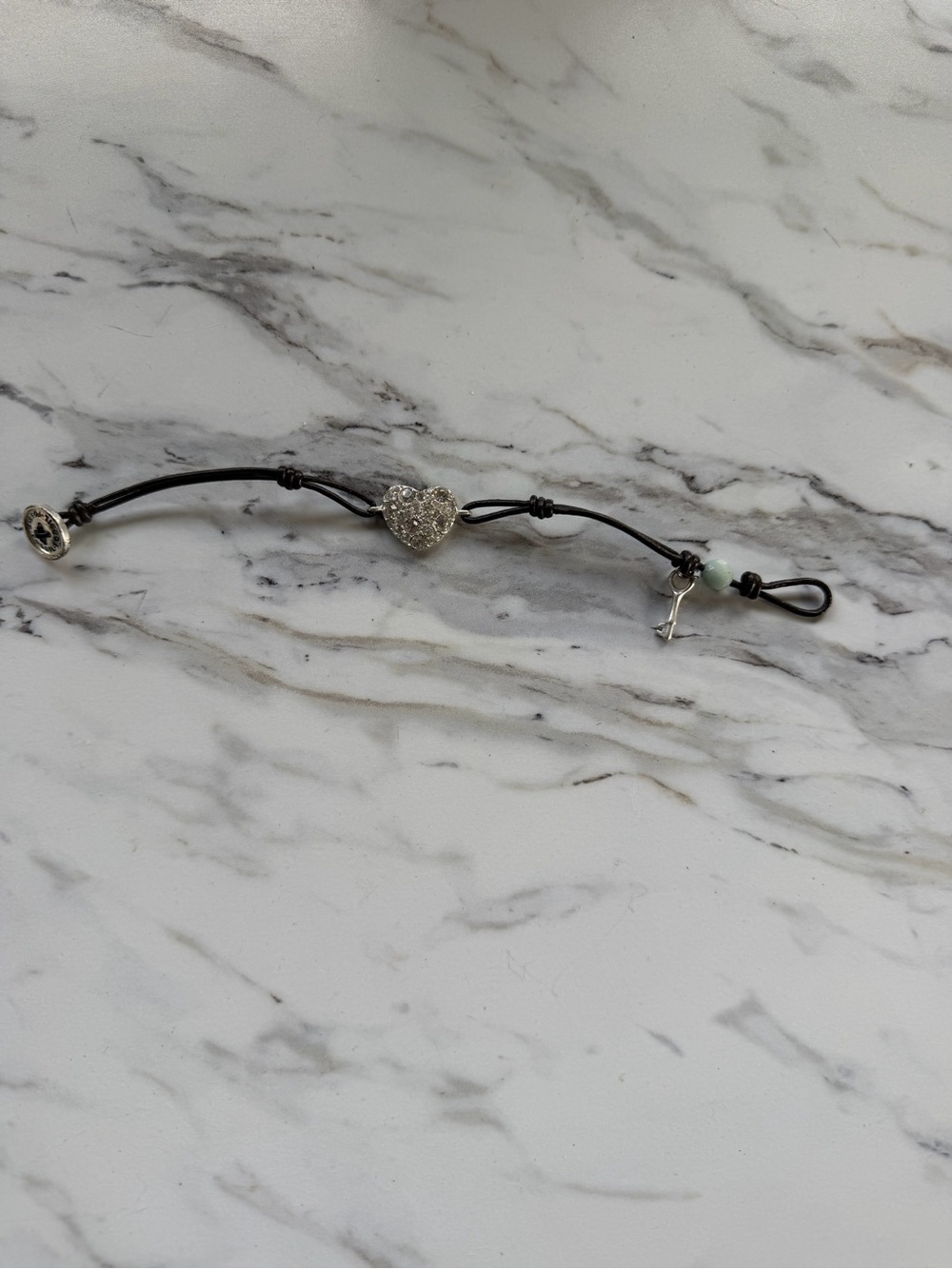 Fossil Leather Cord Heart & Key Bracelet | Crystal Pave Heart